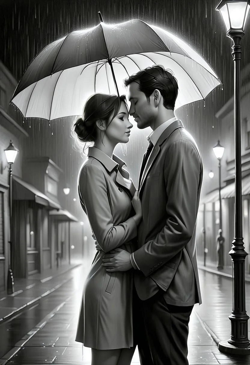 Jed-Pen,
A couple stands close under a shared umbrella, their foreheads touching as rain drips down its edges. The soft, diffused glow of street lamps surrounds them, turning the moment into an intimate embrace against the storm.