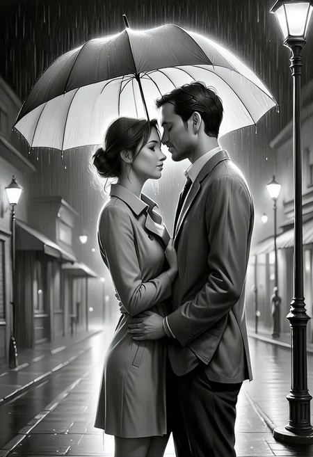 Jed-Pen,
A couple stands close under a shared umbrella, their foreheads touching as rain drips down its edges. The soft, diffused glow of street lamps surrounds them, turning the moment into an intimate embrace against the storm.
