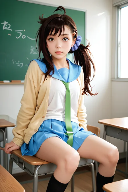 score_9, score_8_up, score_7_up, score_6_up, source_anime, 1girl,school school uniform, classroom, sitting, black socks,
deraharu, ahoge, side ponytail, hair scrunchie, hairclip,full body,  zPDXL3 <lora:[P]Onodera Haru_v1:1> deraharu, ahoge, side ponytail, hair scrunchie, hairclip, blue sailor collar, school uniform, yellow cardigan, open cardigan, necktie, blue pleated skirt,