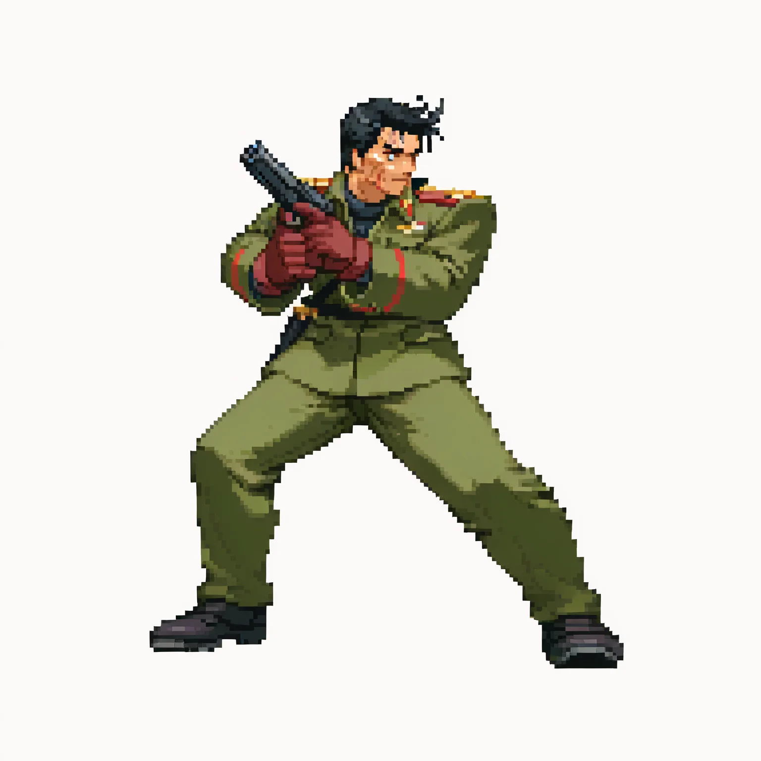 CapcomVsSnk,, white background,,
1boy, balck hair, scar on face, military uniform, gloves, handgun,, looking at away, dynamic pose, full body, fighting stance,
<lora:ACapVSsnk_Style:1.2>, pixel art,