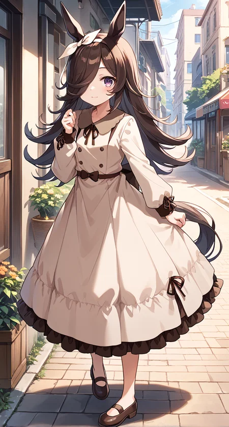 score_9,score_8_up,score_7_up,
official art,official style,game cg,megami magazine,
1girl,
rcs casual,rice shower (umamusume),
animal ears,bangs,blush,bow,brown dress,brown hair,brown ribbon,
casual,collared dress,dress,eyebrows visible through hair,frilled dress,
frills,hair bow,hair over one eye,hair ribbon,hairband,horse ears,horse girl,horse tail,
long hair,long sleeves,puffy long sleeves,puffy sleeves,ribbon,tail,violet eyes,white hairband,
standing, full body,
<lora:umamusume_rice_shower_pony_v1:1>,
