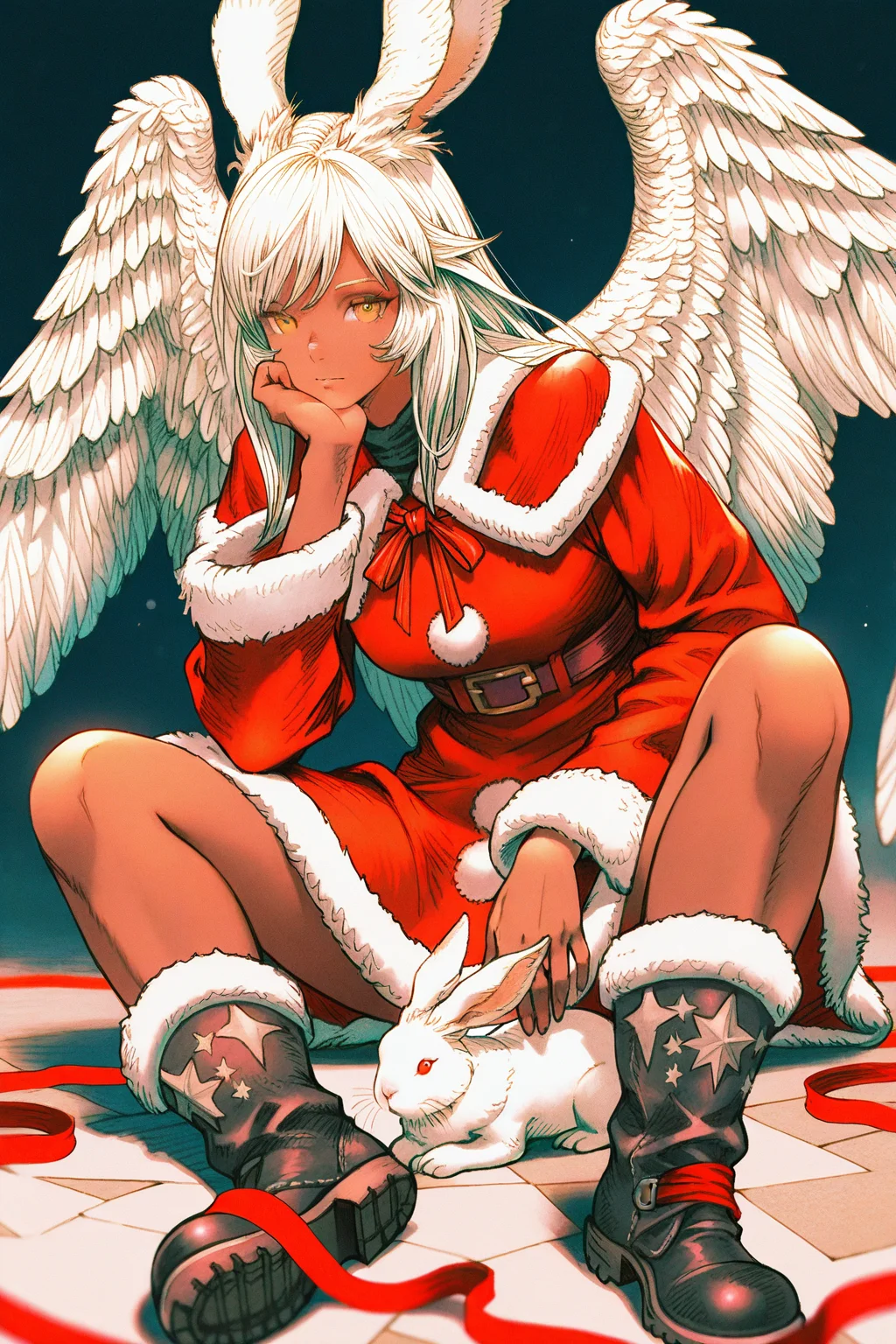 FretorF,FretorF,Digital anime-style drawing of a cute,dark-skinned woman with white hair,large white rabbit ears,and angel wings. She wears a red Santa dress with white fur trim,black star-patterned boots,and red ribbons. She sits,resting her chin on her hand.
