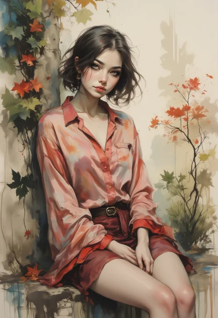A dinkfsn style ink wash painting, OBxiaoxiang, A dinkfsn style ink wash painting,beautiful oriental woman in sexy attire, pink and red silk blouse, cleavage, miniskirt, outdoors, leaning against an ivy-covered wall, directional lighting