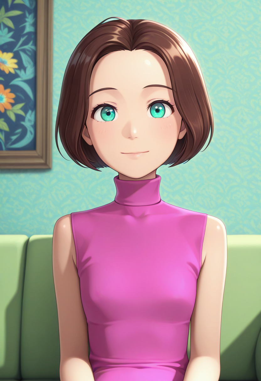Graphic Design, color art, vibrant colors, colorful, intricate details, high contrast, detailed background, beautiful detailed, beautiful face, detailed eyes, detailed face, new, 1girl, solo, lyub0v, short hair, brown hair, aqua eyes, pink sleeveless turtleneck, sitting, sofa, room, looking at viewer, light smile, upper body, (masterpiece, best quality, newest, recent, absurdres),