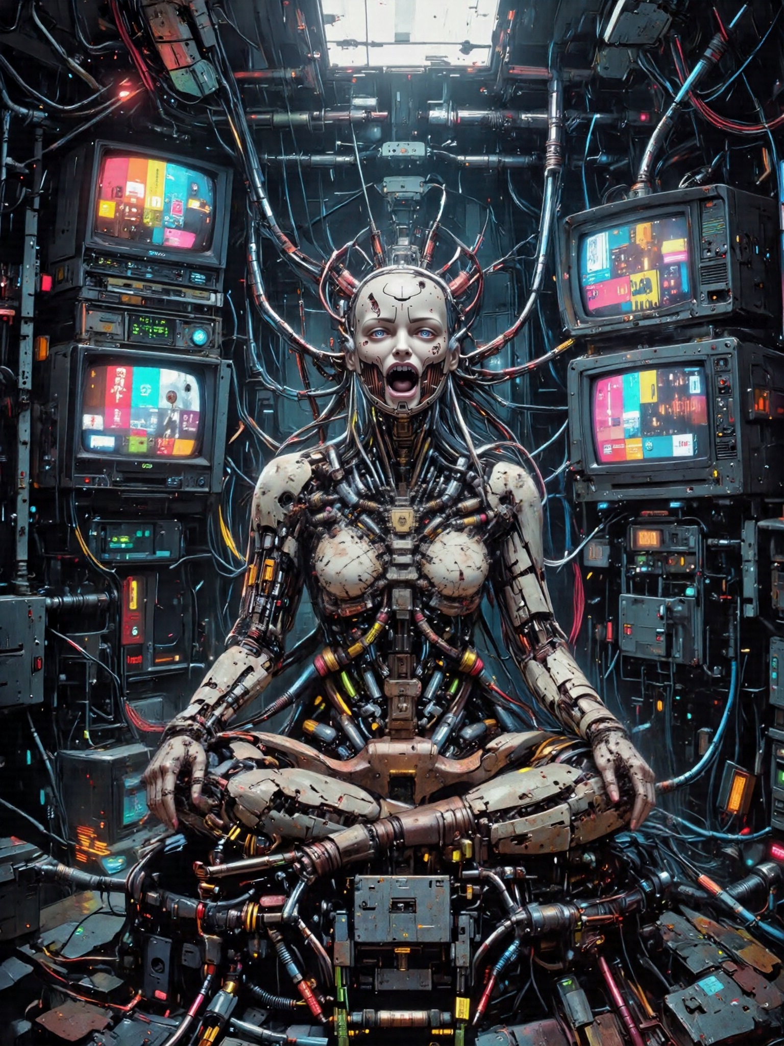 A haunting cyberpunk scene features a cyborg monk seated cross-legged in deep meditation as if he has remained motionless for centuries. His body is a fusion of corroded metal and decaying synthetic flesh, with exposed mechanical joints and wires snaking from his spine and limbs into the dark, industrial walls around him. His weathered face is expressionless, metallic skin. Surrounding the monk are stacks of old CRT televisions, each screen displaying the iconic color test pattern — vibrant bands of red, green, blue, cyan, magenta, and yellow flickering unevenly, as if on the verge of failure. The TVs emit a distorted hum, their static crackling faintly in the background. Some screens glitch, stuttering with pixelated distortions, while others burn with sharp static lines.