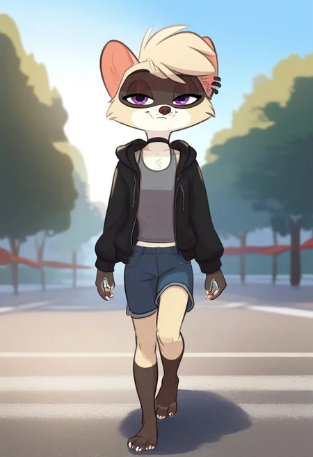 score_9, score_8_up, score_7_up, zPDXL3, SirocStyle, Expressiveh, masterpiece, highly detailed
outdoors, parking lot, grey sky
brookeSiroc, female ferret, purple eyes, ear piercing, short hair, two-tone fur, tan fur, hoodie, open hoodie, ear piercing, choker, tank top, shorts
front view. narrowed eyes, upper body, walking, looking at viewer, naughty face, full body view