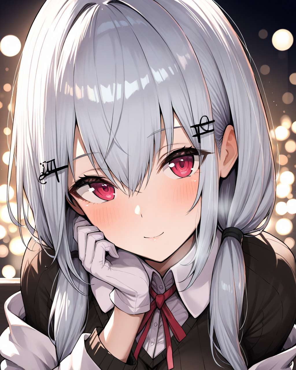 1girl, 1boy,
HakaseFuyukiNijisanji,
sensitive, close-up,
hairclip,
beautiful eyes,
looking at viewer, head tilt, light smile,
hetero, dating,
white gloves, 
white jacket, off shoulder,
black sweater, collared shirt,
neck ribbon,
soft lighting,
depth of field,
<lora:kp_HakaseFuyukiNijisanji1stCostumeAnimagineXL_v1_1:1.0>,
masterpiece, high score, great score, absurdres