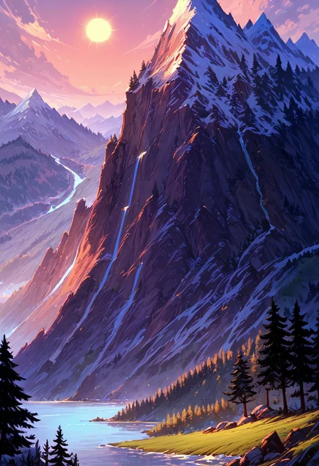 score_9, score_8_up, score_7_up, masterpiece, landscape, trees, sun, forest, mountains, river, epiCPhoto