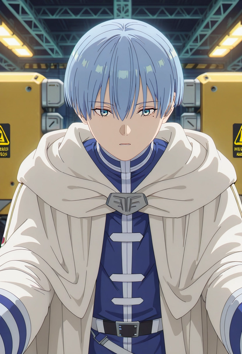 masterpiece, best quality, , (3d:0.4), , , 1boy, solo, male focus, <lora:himmel_sousou_no_frieren_ilxl:0.96>, himmel_sousou_no_frieren, blue hair, blue eyes, short hair, bangs, hair between eyes, mole under eye, mecha hangar, repair bays, warning lights, tool stations, maintenance pose, focused expression, artificial lighting,
