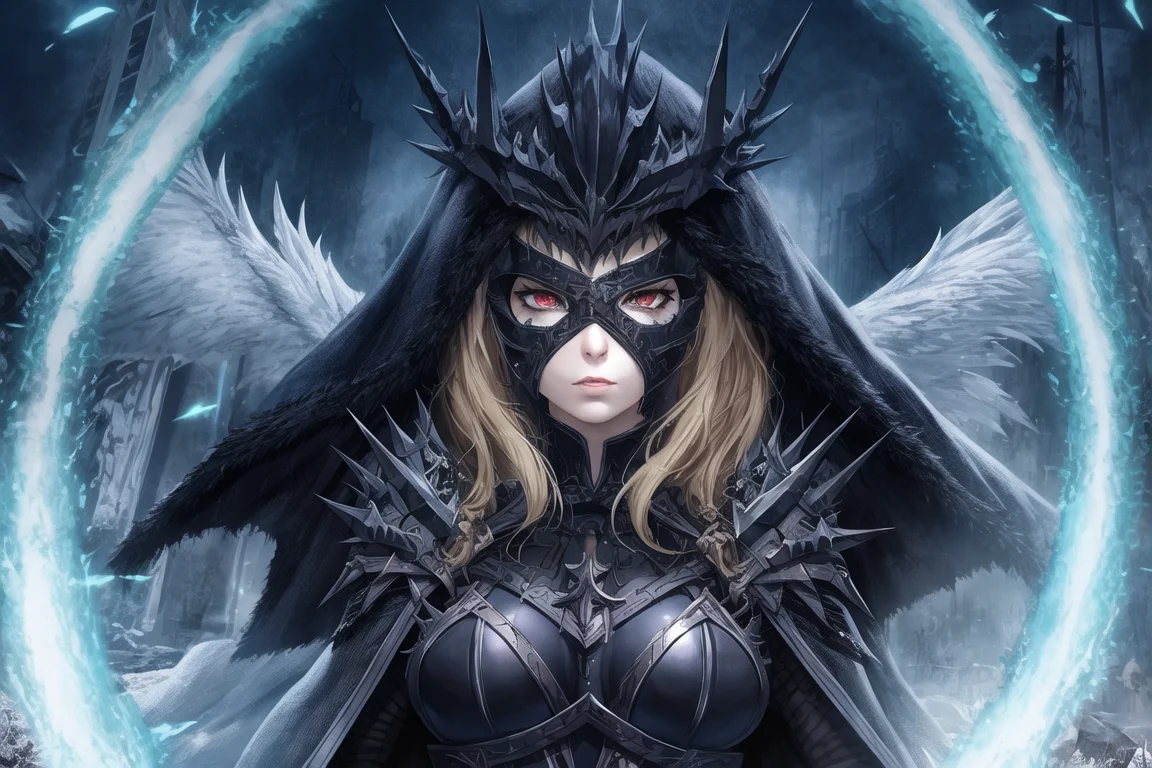 (masterpiece:1.2), best quality, (dark aesthetic, gloomy aesthetic, horror aesthetic:1.2), dark undertones, (cinematic lighting:1.2), (detailed lighting:1.1), pixiv, realistic proportions, villain, evil, (breastplate, battle pose:1.2), (1girl:1.2), ((slim:1.1) intricate armored dress:1.2), (face mask:1.20), (messy hair:1.1), (spiky, accessories, cape:1.1), (transparent bodysuit:1.1), (full body view:0.8), dynamic pose, dutch angle, (extremely detailed landscape:1.3), (highres, absurdres:1.2), colorful
