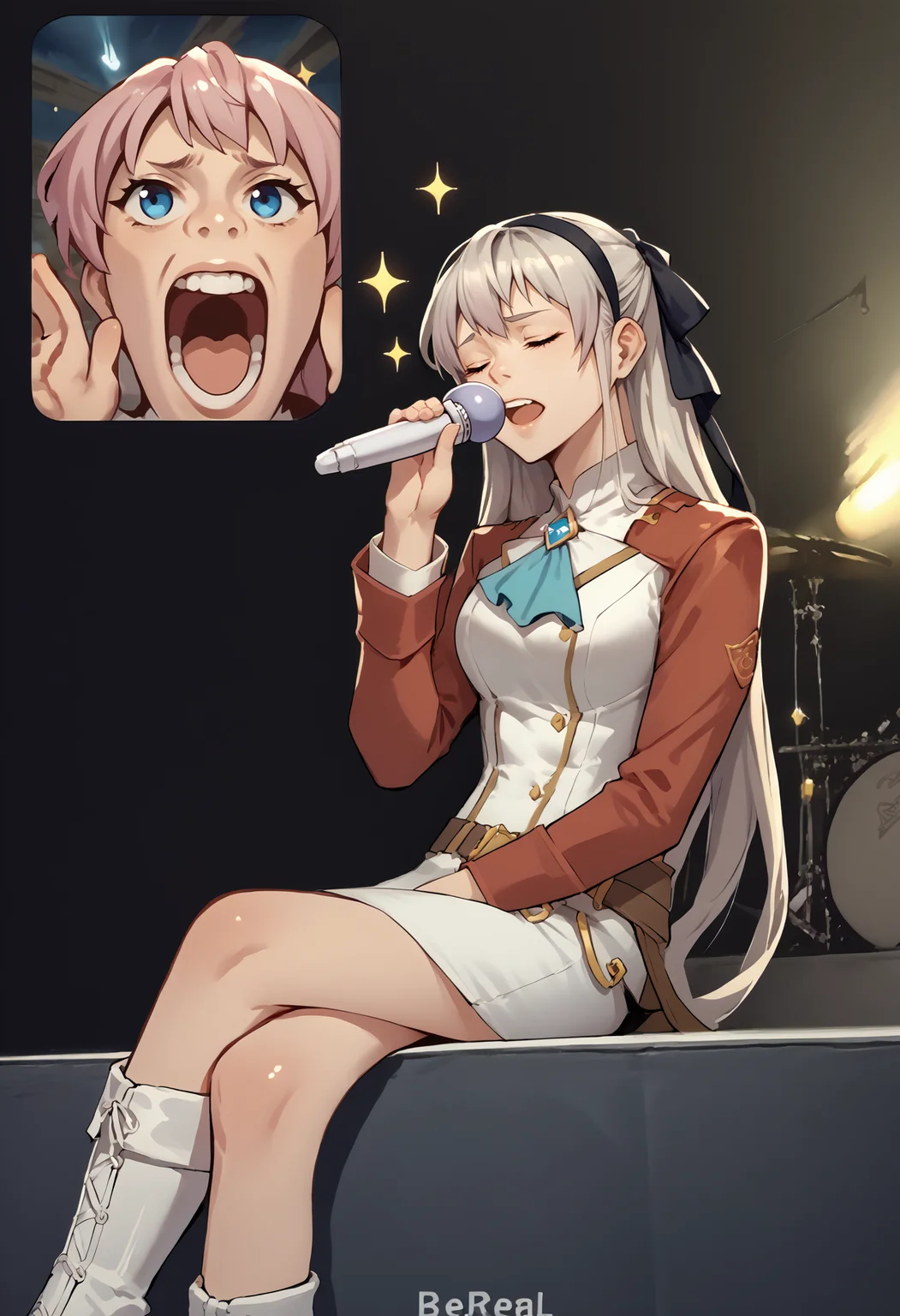 score_9, score_8_up, score_7_up, source_anime, FanScreamingMeme, open mouth, sitting, music, crossed legs, holding microphone, singing, <lora:FanScreamingAtMadisonBeer_XLPD:0.5>, screen, phone,
BREAK <lora:felicia-fe-richy-v1_xl:0.8> feliciadef, pink hair, ponytail, blue eyes, maid headdress, black pantyhose, white boots,
BREAK <lora:elie-pdxl-nvwls-v1:1> zeroElie, black hairband, hair ribbon, long hair, ascot, uniform, long red sleeves, white dress, pencil skirt, belt, black pantyhose, closed eyes, sparkle,