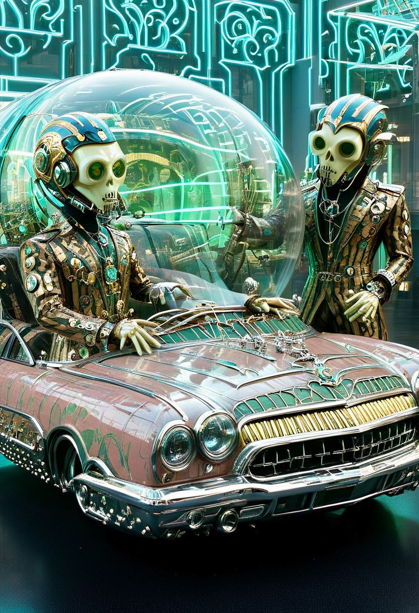 An incredible award winning experimental cinematic still, Three brave men with bell jars for gigantic heads, they have huge freakish eyes, wearing delightful stylish jumpsuits by Gucci, posing in front of a stylish futuristic lowrider hoover car with etched uranium glass windows, 1970s science fiction, dramatic cinematic moody lighting, full soft offset printing, psychedelic trip, cursed image, masterpiece, museum quality, Robert Rauschenberg rococo Style, RococoPunkAI