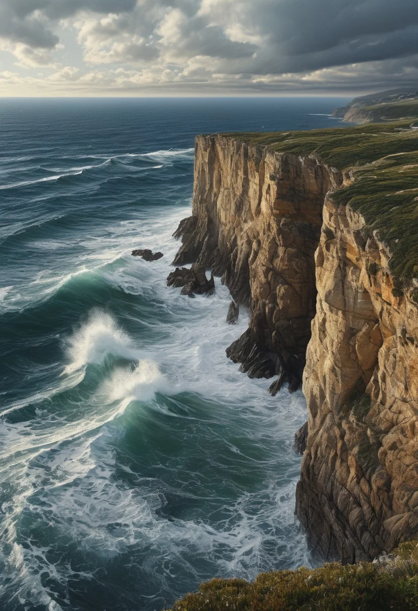 Generate a hyperrealistic, photorealistic digital painting of
A striking view of coastal cliffs with crashing waves and a dramatic sky, rendered in the styles of Alexander Volkov, Richard Estes, and Michael James Smith.