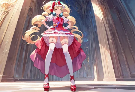 curemacherie, high heels, garter straps, thighhighs, outside,  score_9, score_8_up, score_7_up, ,source_anime, best quality, masterpiece,   , full body view ,collarbone ,  1girl , solo , girl focus , censored, standing, medium breasts,  score_9, score_8_up, score_7_up, ,source_anime, best quality, masterpiece, , garter straps , 1girl , solo , girl focus,, full body view, facing viewer, hands on hips, low angle view, from below,