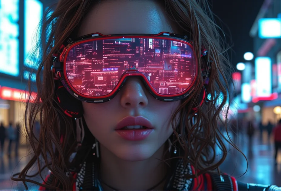 A close-up portrait of a futuristic character with neon reflections . The scene is highly detailed and realistic, capturing the essence of futuristic aesthetics, with intricate elements like holographic billboards .<lora:bv-cybstyenh-v1.safetensors:1.0:1.0>
