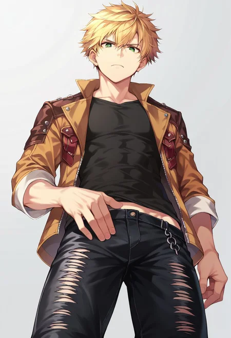 score_9, score_8_up, score_7_up, 1boy, solo, adult, blonde hair, green eyes, short hair, leather jacket, black shirt, black thorn pants, from below, looking at viewer, serious,