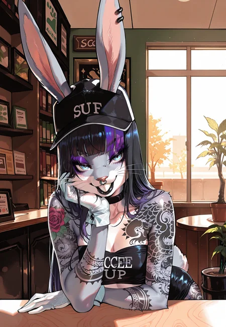 score_9, score_8_up, score_8, rating_explicit, masterpiece, best quality, amazing quality, highly detailed, colorful, detailed face ,1girl,solo, buck teeth, black lips, bunny tail, blue eyes, eyeshadow, purple eyeshadow, animal nose, whiskers, multicolored hair, long hair, purple hair, black hair, makeup, bangs, rabbit girl, straight hair, grey skin, furry female, furry, tattoo, body tattoo
, piercing, nose piercing, clothes writing, black bandeau, bandeau, hat, white gloves, gloves, choker, coffee shop, daytime, tables, stools, bookshelf, potted plants, seductive, volumetric lighting, cinematic lighting, sensual atmosphere, posing sexy, seductive look, natural sunlight, golden hour,