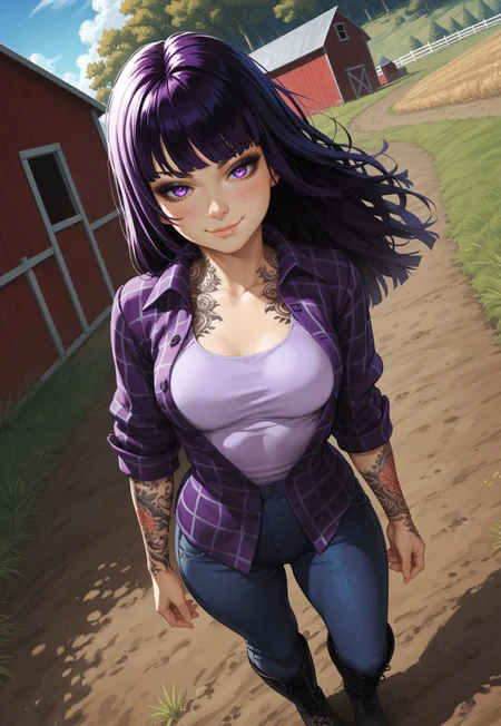 safe_pos, (score_9, score_8_up, score_7_up), 
(dutch angle, upper body:1.4),
1girl, solo, black hair, detailed eyes, purple eyes, long hair,  straight bangs, medium breasts, (goth, wide hips:1.1),  eyeshadow, jeans,  hime cut, (rolled up sleeves:1.2),
(tattoo, tattooed arm, flannel shirt, unbuttoned, purple shirt, white tanktop:1.2), nature, outdoors, farm, blush, wind, windy hair, (full body shot, boots), from above, (smug:1.3)