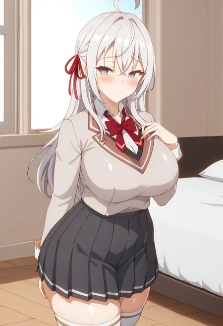 masterpiece, amazing quality, best quality, very aesthetic, absurdres, 1girl, solo, indoors, bedroom, bed, <lora:Theobrobine_StyleXL-06:1> BREAK alya_def, sweat, oiled skin, shiny skin, white hair, long hair, bangs, blue eyes, red hair ribbon, mature female, tall female, large breasts, big ass, beautiful eyes, highly detailed face and eyes, school uniform, open jacket, sweater vest, red bowtie, black skirt, pleated skirt, white thighhighs, (mature female:1.2), tall female, curvy, beautiful face, highly detailed faces and eyes, standing, thinking, blush, furrowed brow, closed mouth, masterpiece, amazing quality, best quality, very aesthetic, absurdres, <lora:DetailedEyes_V3:1>, score_9, score_8_up, score_7_up, score_6_up,
