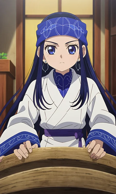 anime artwork Asirpa, blue hair, blue eyes, long hair,blue bandana, ear piercing,petite,flat chested,masterpiece,best quality,8k highres,detailed . anime style, key visual, vibrant, studio anime, highly detailed