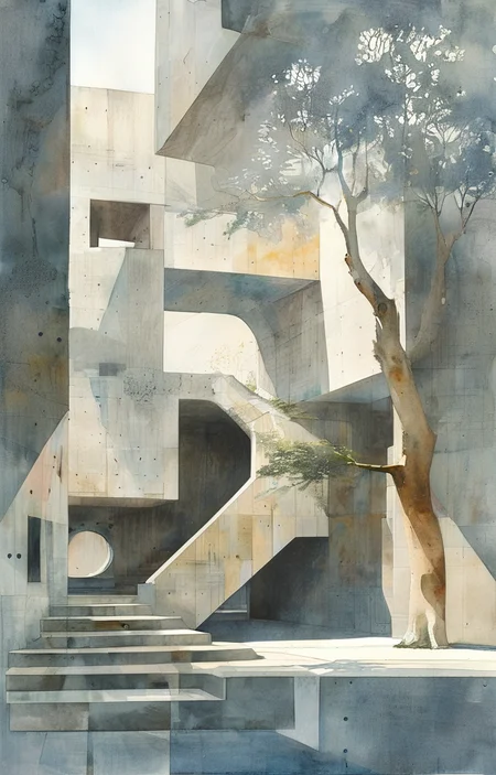 masterpiece,best quality,<lora:tbh308-sdxl:0.9>,illustration,designed by Steven Holl, Brutalist concrete university campus with geometric shapes and exposed materials
