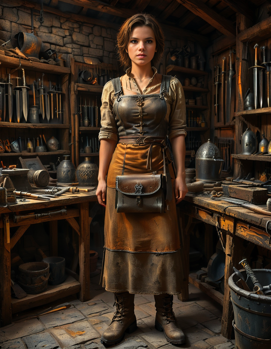 looking at viewer,(A strong and elegant female,1girl,short brown hair,medium breasts:1.3), blacksmith standing confidently in her medieval forge shop,medieval f0rg3 sh0p. She has a determined expression on her face, with soot and ash lightly marking her skin. She is wearing a thick leather apron with scorch marks, a rolled-up linen shirt underneath, and sturdy boots. Her muscular arms are visible, showing the strength of her craft. The background shows a dimly lit, rustic workshop filled with medieval tools: an anvil, a glowing furnace, hanging tongs, and shelves lined with metallic objects like swords and horseshoes. The warm orange glow of the fire contrasts beautifully with the dark, shadowy corners of the shop. The atmosphere is filled with details of realism, evoking a sense of hard work and medieval craftsmanship.<lora:SDXLFaeTastic2400:0.4> <lora:extremely_detailed:0.4> extremely detailed, <lora:medieval_f0rg3_sh0p:1>, Masterpiece,best quality,hi res,8k,hi res,8k,award winning,(sharp focus, intricate, highly detailed),