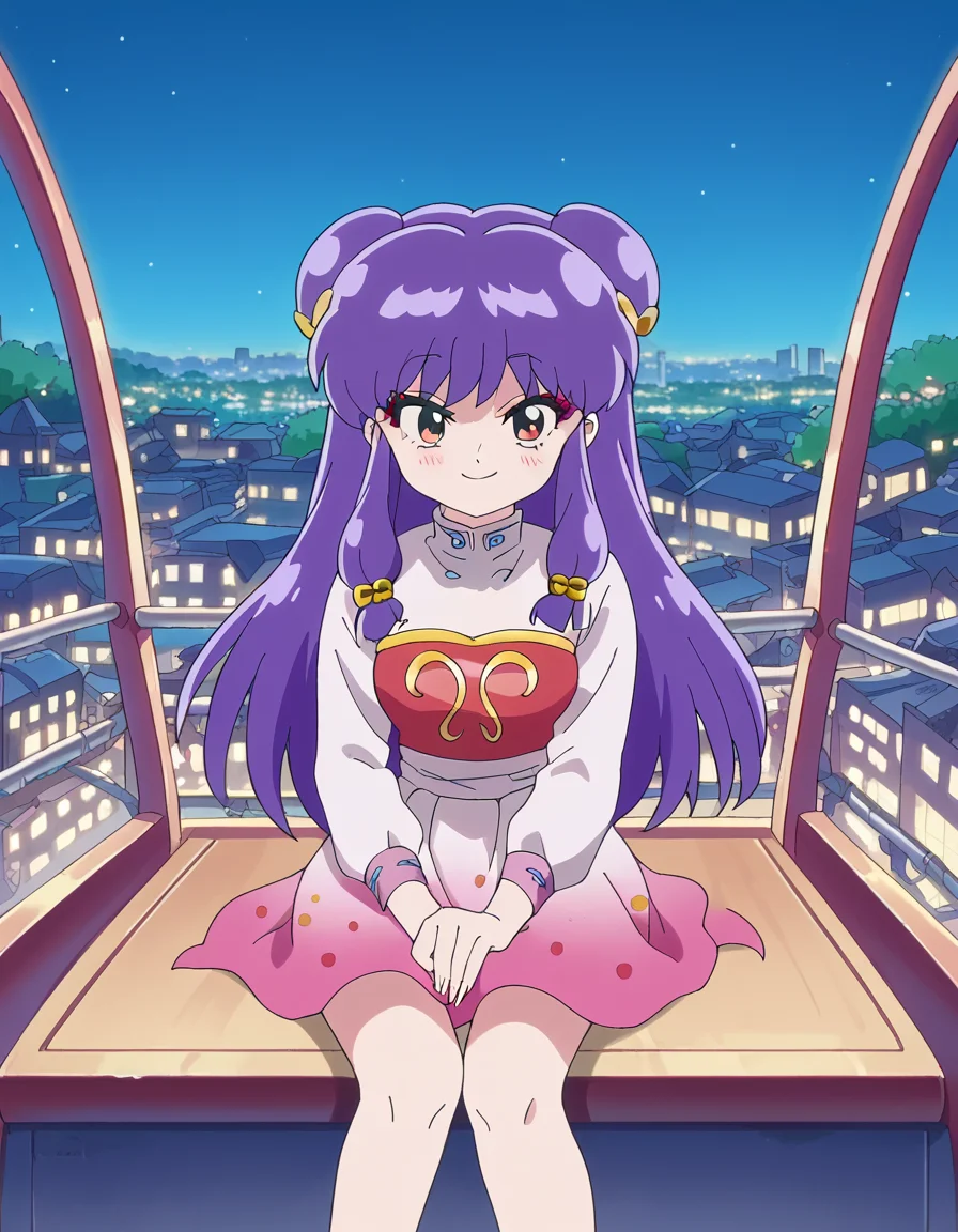 score_9, score_8_up, score_7_up, source_anime, <lora:shampoo-s1-ponyxl-lora-nochekaiser:1>, shampoo, shampoo (ranma 1/2), long hair, hair ornament, red eyes, purple hair, hair bun, double bun, medium breasts, anime screencap,, <lora:ferris-wheel-interior-ponyxl-lora-nochekaiser:1>, ferris wheel interior, ferris wheel, gondola, cityscape, amusement park, city lights, night, fireworks, aeriel firworks, night sky, city, skyline, sky,, sitting, smile, blush, looking at viewer,,
