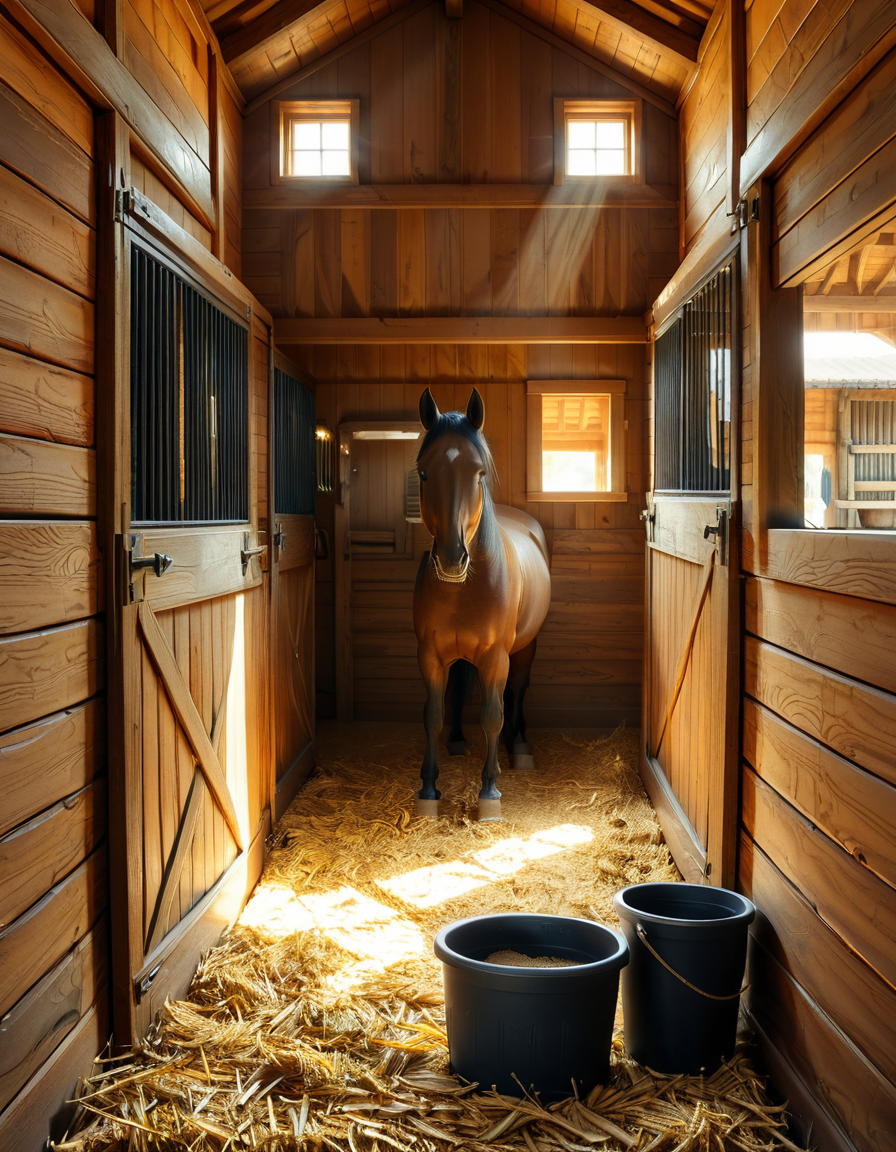 looking at viewer,A woman,straight long black hair,  standing inside a rustic horse stall,h0rs3 st4ll, wearing a dusty and slightly worn denim work overall. She has a focused expression on her face.The light filtering in through the wooden slats of the barn creates a warm, golden glow, highlighting small specks of dust floating in the air. In the background, the stall walls are made of aged wooden planks, and a horseâs head can be faintly seen peeking through the open top of the adjacent stall. The atmosphere is earthy and authentic, emphasizing rural farm life. The style is realistic with high attention to detail, natural lighting, and a cozy, slightly nostalgic tone.<lora:SDXLFaeTastic2400:0.4> <lora:extremely_detailed:0.4> extremely detailed, <lora:h0rs3_st4ll:1>, Masterpiece,best quality,hi res,8k,hi res,8k,award winning,(sharp focus, intricate, highly detailed),
