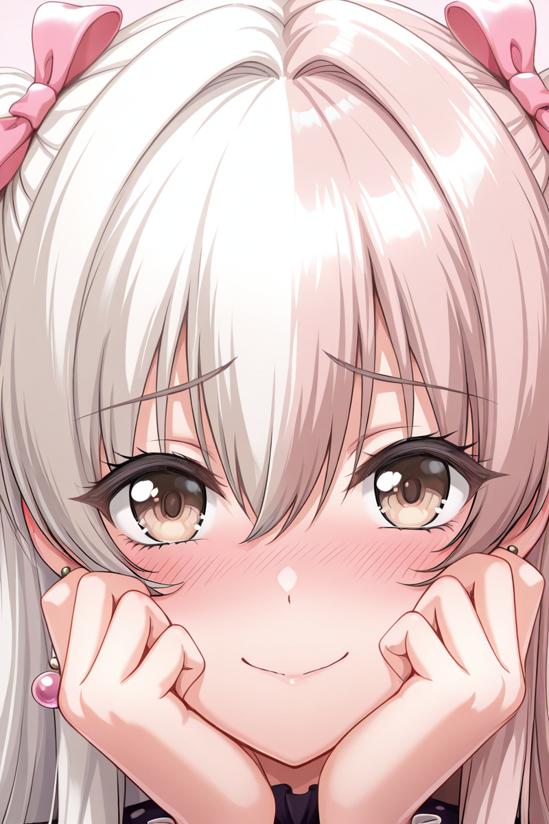 masterpiece, best quality, amazing quality,
 <lora:KokoaV2_IL:1> kokoa, 1girl, solo, jewelry, earrings, blush, hands on own face, portrait, bangs, hair between eyes, looking at viewer, long hair, smile, closed mouth, bow, hair bow, close-up, shy, blush