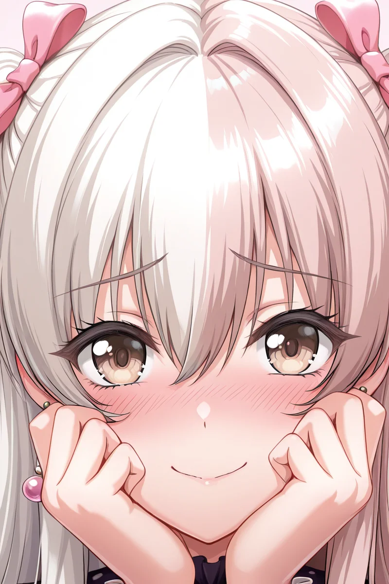 masterpiece, best quality, amazing quality,
 <lora:KokoaV2_IL:1> kokoa, 1girl, solo, jewelry, earrings, blush, hands on own face, portrait, bangs, hair between eyes, looking at viewer, long hair, smile, closed mouth, bow, hair bow, close-up, shy, blush
