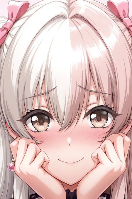 masterpiece, best quality, amazing quality,
<lora:KokoaV2_IL:1> kokoa, 1girl, solo, jewelry, earrings, blush, hands on own face, portrait, bangs, hair between eyes, looking at viewer, long hair, smile, closed mouth, bow, hair bow, close-up, shy, blush
