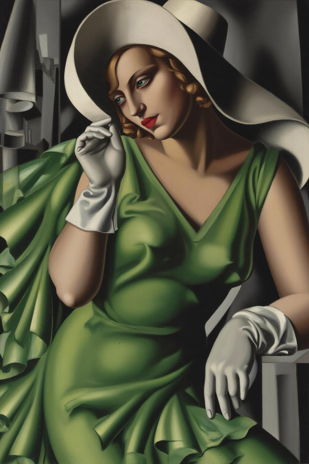 tamaradelempicka1 painting.
Portrait of a woman in a green dress with flowing, textured fabric, a wide-brimmed white hat, and white gloves. She is turning her head slightly to the left and holding the hat with her hand. The background consists of geometric gray and black shapes. <lora:tamaradelempicka1_cap_d8a4:1.0><lora:863949271907444340:0>