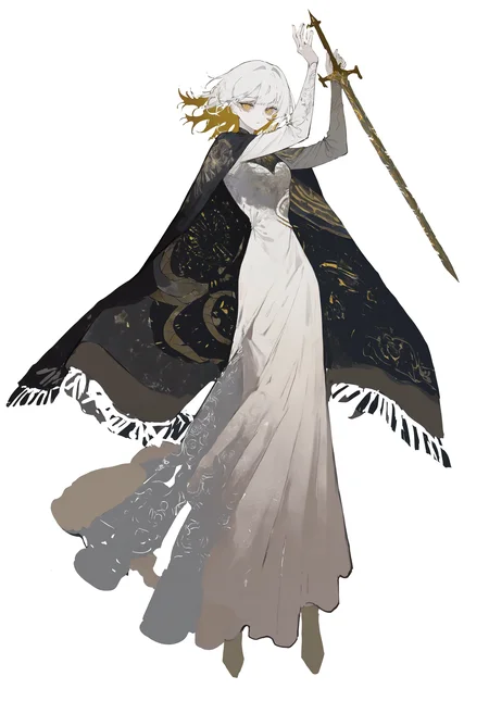 masterpiece, highres, absurdres, newest, very awa, intricate detail, highly detailed clothing, muted color, unfinished, 1girl, solo, dress, holding, holding sword, arms up, tapestry dress, tapestry cape, very long dress, medium hair, yellow eyes, white background, looking at viewer, full body,
<lora:spo_sdxl_10ep_4k-data_lora_webui>, <lora:TA_trained:0.35>, <lora:NOOB_EPSv1_1_detailer_by_vlnvk_v0_5>, <lora:mon_monmon2133-000016:0.85>