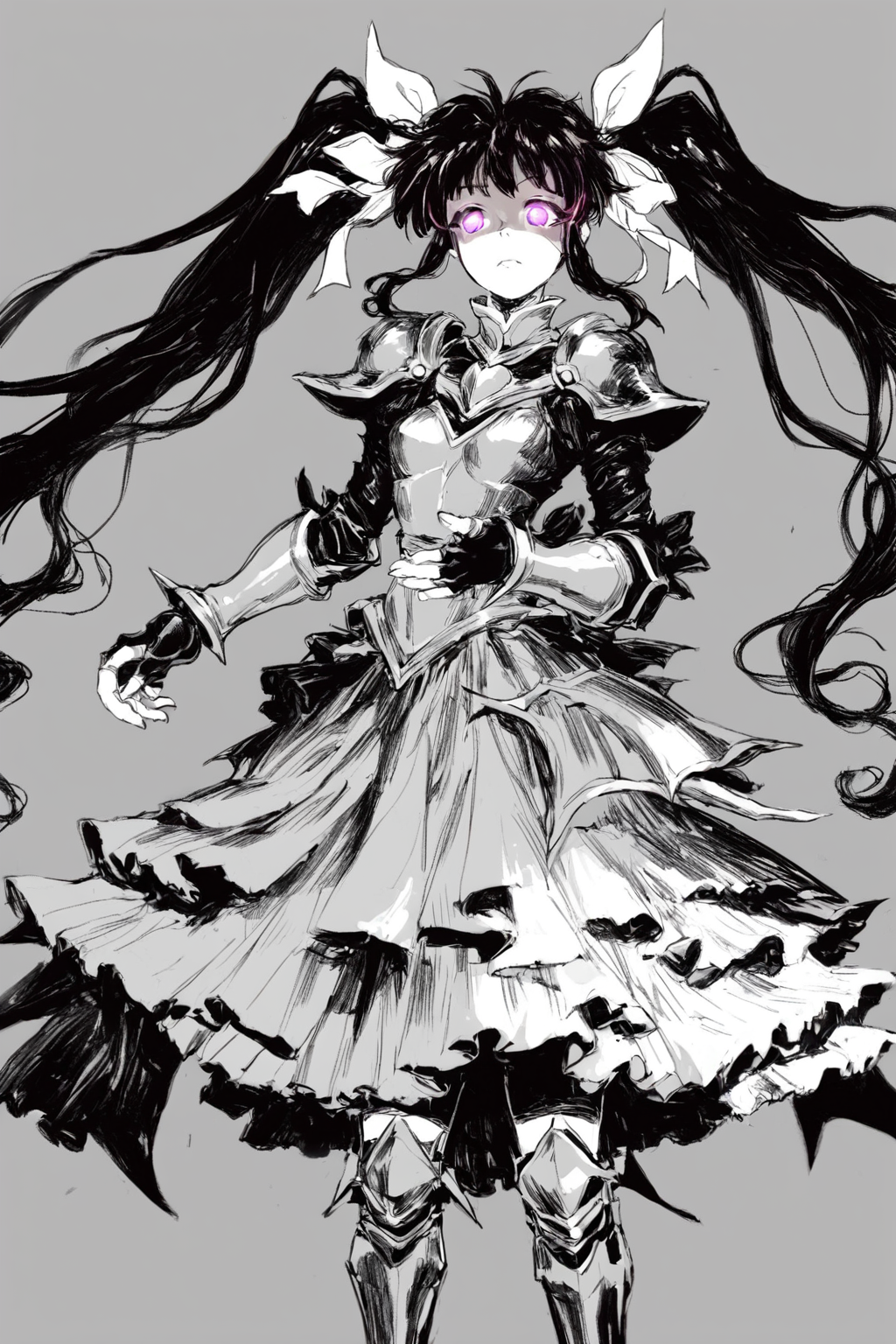 score_9, score_8_up, score_7_up, lyrical nanoha, mahou shoujo lyrical nanoha detonation, takamachi nanoha, armor, armored boots, armored dress, black gloves, boots, brown hair, dress, fingerless gloves, gloves, glowing, glowing eyes, hair ribbon, long dress, long hair, magical girl, multicolored clothes, multicolored dress, multicolored footwear, purple eyes, ribbon, twintails, white devil, white ribbon, solo, solo focus, portrait, wide shot,high contrast,dark, simple background, Crouching down with hands touching the ground., <lora:godiva_bw:1>, (monochrome:1.5), (greyscale:1.5)