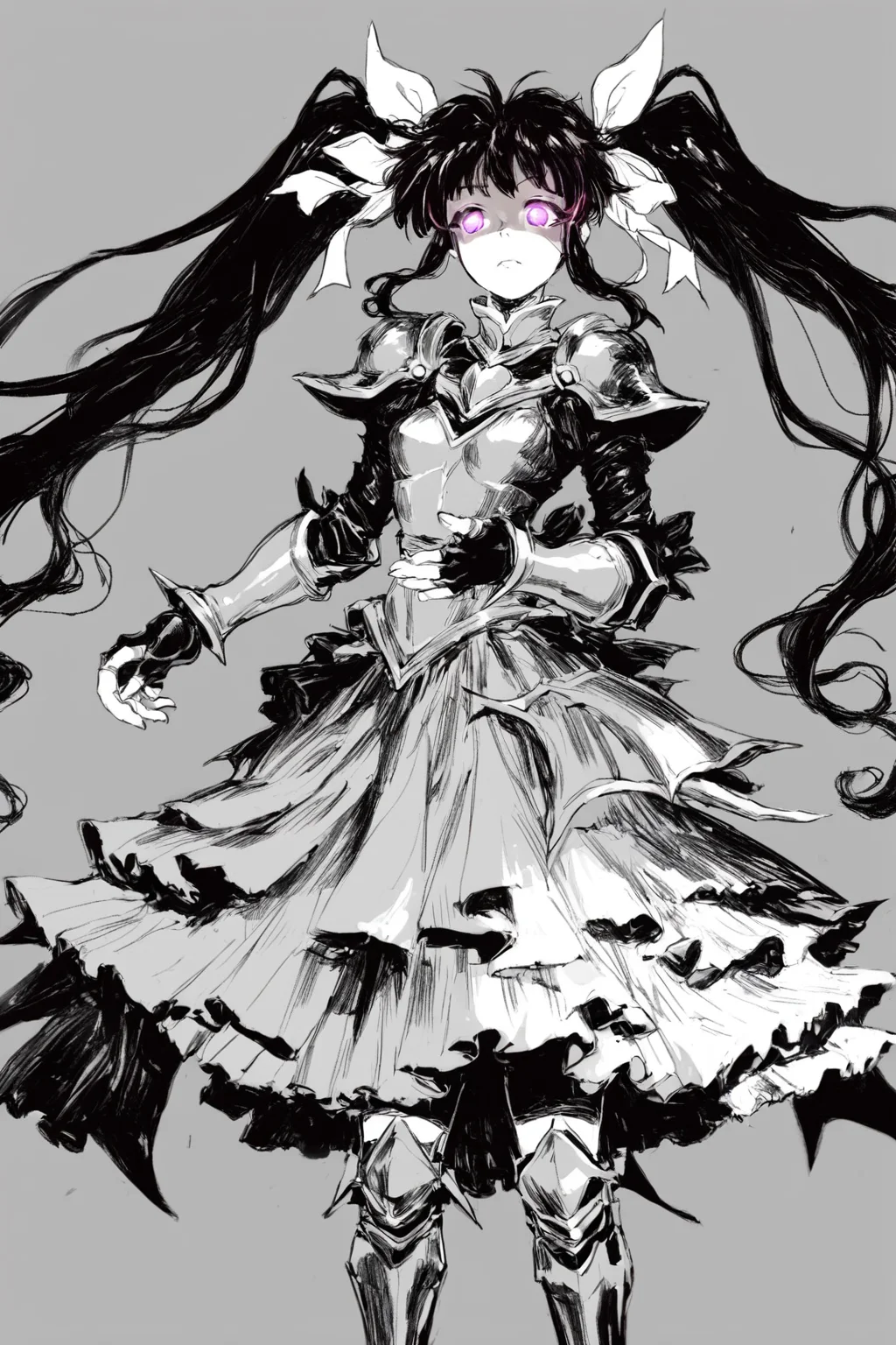 score_9, score_8_up, score_7_up, lyrical nanoha, mahou shoujo lyrical nanoha detonation, takamachi nanoha, armor, armored boots, armored dress, black gloves, boots, brown hair, dress, fingerless gloves, gloves, glowing, glowing eyes, hair ribbon, long dress, long hair, magical girl, multicolored clothes, multicolored dress, multicolored footwear, purple eyes, ribbon, twintails, white devil, white ribbon, solo, solo focus, portrait, wide shot,high contrast,dark, simple background, Crouching down with hands touching the ground., <lora:godiva_bw:1>, (monochrome:1.5), (greyscale:1.5)