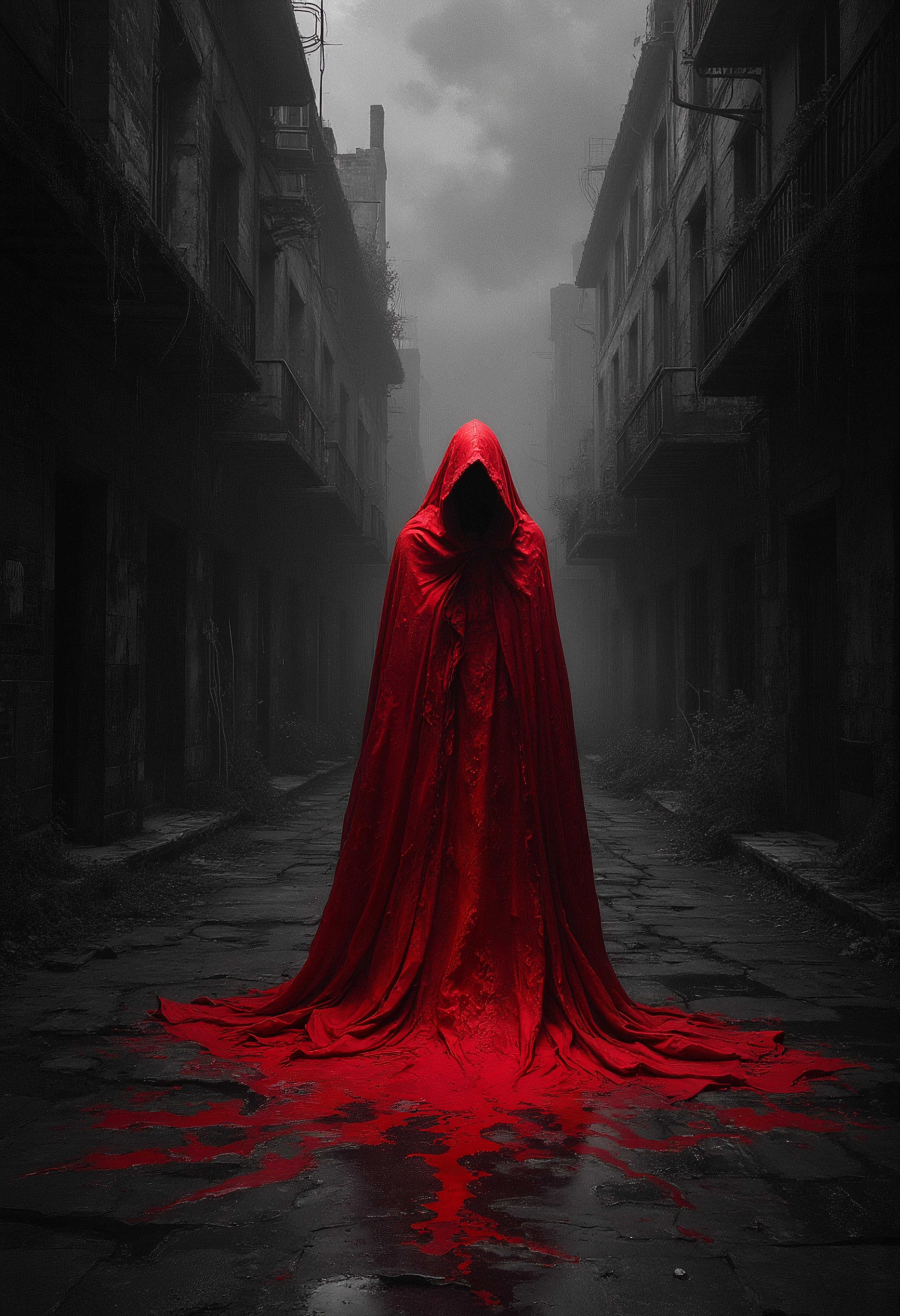 Black and White abandoned city with a long dark alley way, at the end is a bright red cloaked figure with void for a face, horror, black and red tone, the red cloak emits a slight glow, high contrast, Vibrant Glow