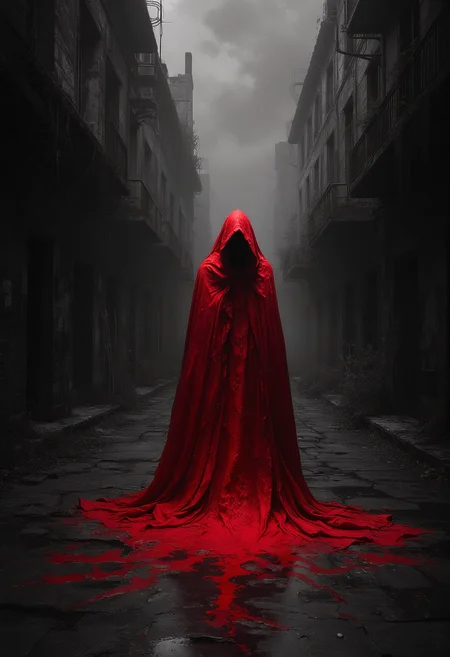 Black and White abandoned city with a long dark alley way, at the end is a bright red cloaked figure with void for a face, horror, black and red tone, the red cloak emits a slight glow, high contrast, Vibrant Glow