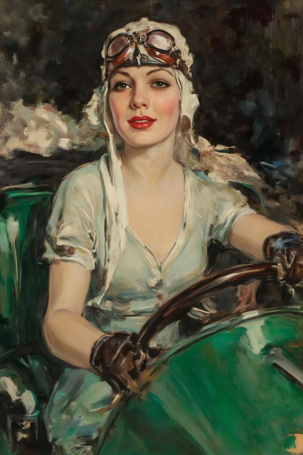 howardchandlerchristy1 illustration.
tamaradelempicka1. A woman in a white headscarf is seated in the driver's seat of a green car. She wears a vintage aviator leather skull cap. Her eyes are intense, and her lips are red. Her gloved hand is on the wheel. The background is abstract with dark and light shades.
<lora:howardchandlerchristy1_d8a4e11:1.0><lora:865854497925107764:0>