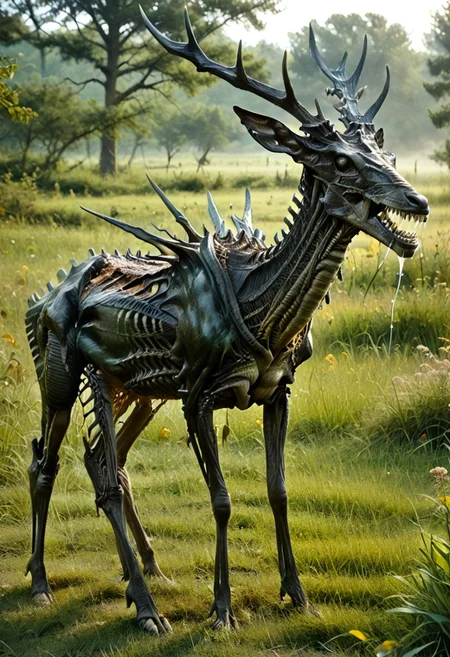 score_9,score_8_up,score_7_up,extreme detailed,full_body,nature,field,zPDXL BREAK deer,multiple_animals,<lora:Pony_DetailV2.0:1>,<lora:deer-pony:1>, teeth, sharp teeth, colored skin, black skin, no eyes, tail, monster, drooling, thighs