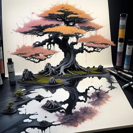 ink illustration, ink stains, ink splatters, ink runs, ink spots, faded ink, dramatic bonsai tree, plant on black reflective surface, sunrise, detailed, amazing natural lighting, pastel colors, weeping for the lost children, asymmetrical fractal pattern, futscribe, technical sketch