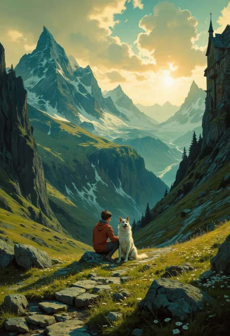 8k high quality digital painting , masterpiece, very detailed, ultra realistic, (best quality) very detailed epic masterpiece,
unearthly beautiful, a breathtakingly beautiful landscape in the French Alps, in the foreground a little boy is sitting with his dog on a path to a small mountain hut, the low yellow-red sun casts long shadows, enchanting landscape, fairytale-like, calm mood, flowers in the foreground, realistic