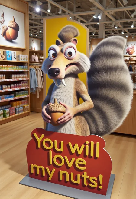 High-resolution photograph taken inside of a acorn store, showcasing a large, detailed, 3D cardboard cutout of Scrat with his long snout, bulging eyes and bushy striped tail, holding an acorn, with bold vivid text that reads "You will love my nuts!"