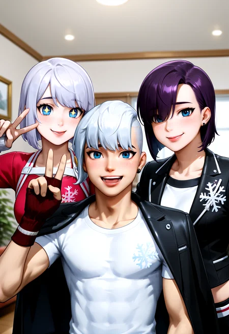 IllustriousQual <lora:StS-Illustrious-Detail-Slider-v1.0:2> <lora:cfg_scale_boost:0.3> <lora:Frosted_Flurry_IL_-_V1:0.8> FrostedFlurryIL, female, white hair, blue eyes, holiday outfit, snowflake-themed, buzz cut, short hair, fingerless glove,detailed_background,indoors,dress shirt,:d,closed mouth,black jacket,multiple boys,purple hair,earrings,hair over one eye,hand up,v,open mouth,nagao kei,3boys,highres,ninahachi,+ +,jacket on shoulders,jacket,hand on another&