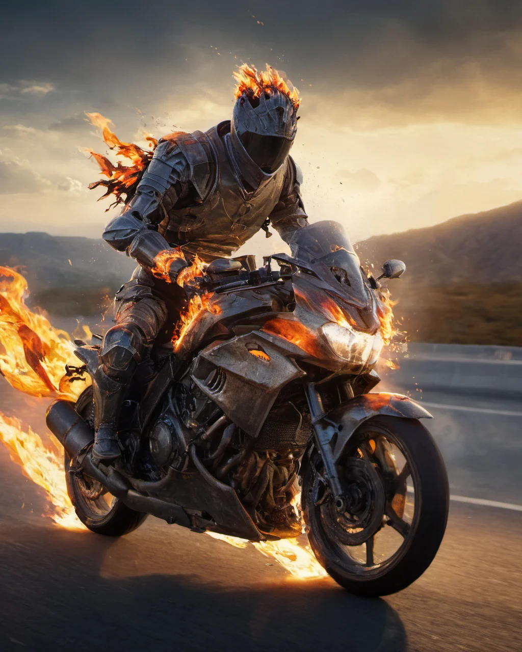 hyperdetailed photography,masterpiece,awardwinning,128k uhd,cndrlord,man in flaming armor on a motorbike driving on a highway ,<lora:lordofcinders:0.8>,raw photo,sharp focus,bokeh,epic,official art