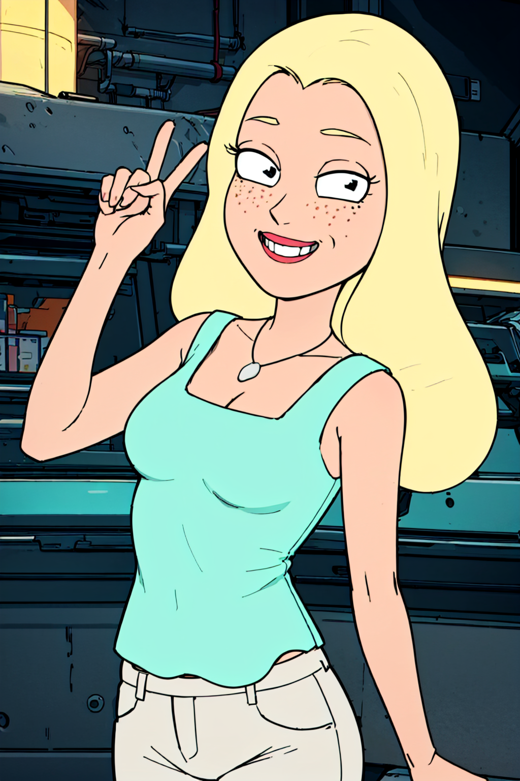 diane, 1girl, blonde hair, solo, freckles, long hair, necklace, cleavage, aqua shirt, upper body, smile,looking at viewer, smile,sleeveless, pants, high heels,   <lora:Diane(Rick&Morty)2.0-000008:0.7>