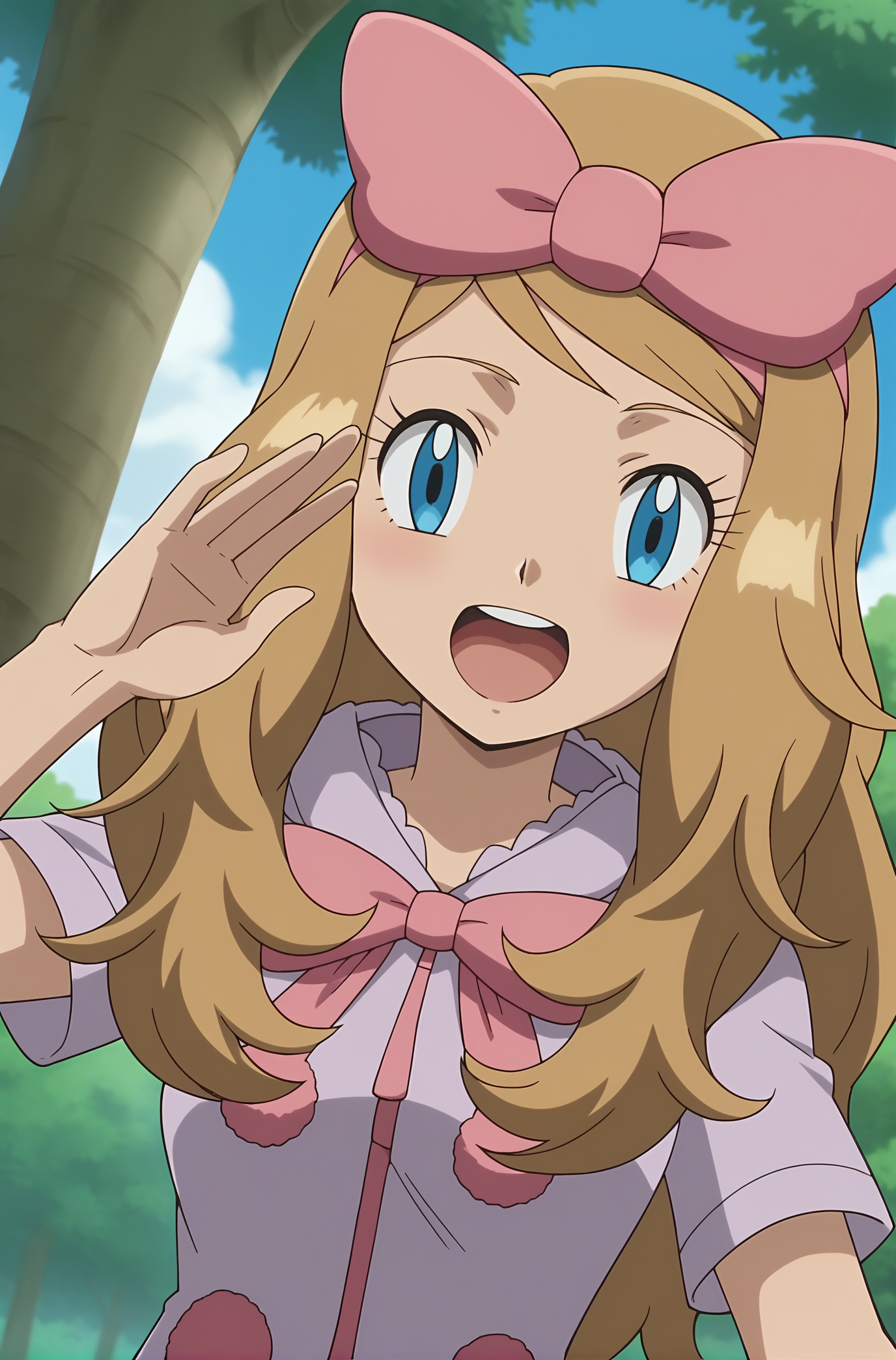 score_9, score_8_up, score_7_up, source anime, anime, animification, anime screencap, anime coloring, vivid colors, shiny skin, skindentation, deep skin, depth of field, high quality, highres, (dynamic angle,dynamic pose),
serenapajamas, 1girl, solo, long hair, smile, open mouth, blue eyes, half-closed eyes,blonde hair, bow, upper body, short sleeves, yawning, hair bow, outdoors, sky, tongue, cloud, hand up, hood, tree, eyelashes, pink bow, anime coloring, serena \(pokemon\)
BREAK
masterpiece,high quality
 <lora:Serena_Pajamas_XL:0.9>
