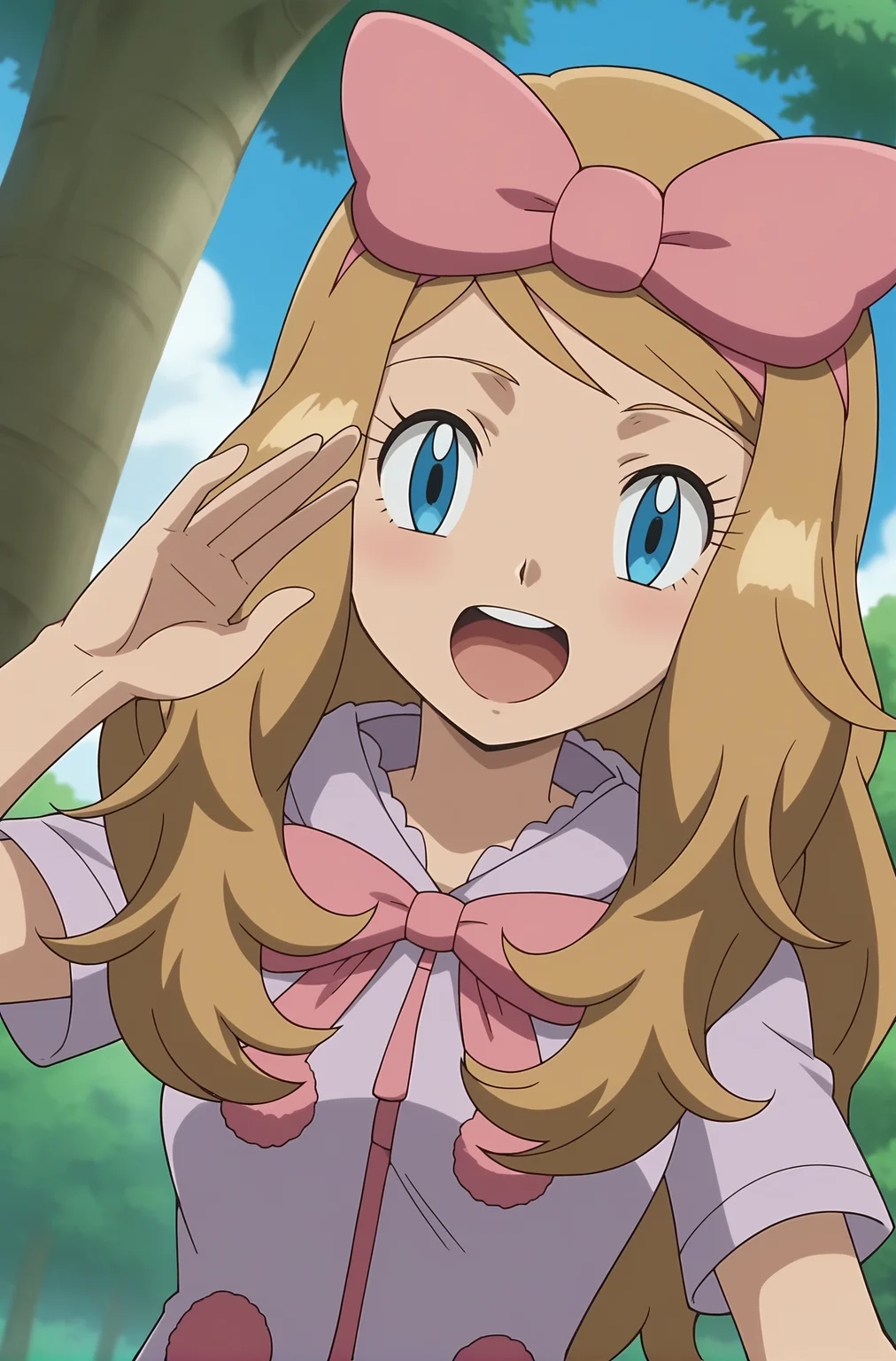 score_9, score_8_up, score_7_up, source anime, anime, animification, anime screencap, anime coloring, vivid colors, shiny skin, skindentation, deep skin, depth of field, high quality, highres, (dynamic angle,dynamic pose),
serenapajamas, 1girl, solo, long hair, smile, open mouth, blue eyes, half-closed eyes,blonde hair, bow, upper body, short sleeves, yawning, hair bow, outdoors, sky, tongue, cloud, hand up, hood, tree, eyelashes, pink bow, anime coloring, serena \(pokemon\)
BREAK
masterpiece,high quality
 <lora:Serena_Pajamas_XL:0.9>