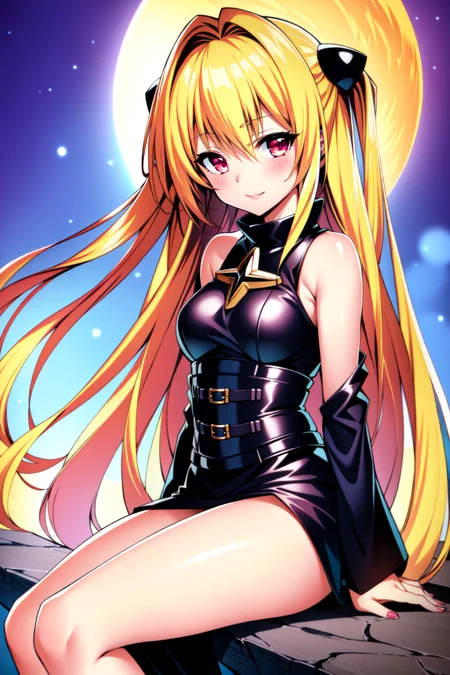((masterpiece)), ((best quality)), (highres, contrast), ((ultra-detailed)), sun, long hair, konjiki no yami, 1girl, smile, blush, blonde hair, solo, hair intakes, two side up, looking at viewer, full moon, red eyes, upper body, bare shoulders, sleeveless, very long hair, <lora:konjikiNoYamiToLoveRu_yamiV1:0.7>