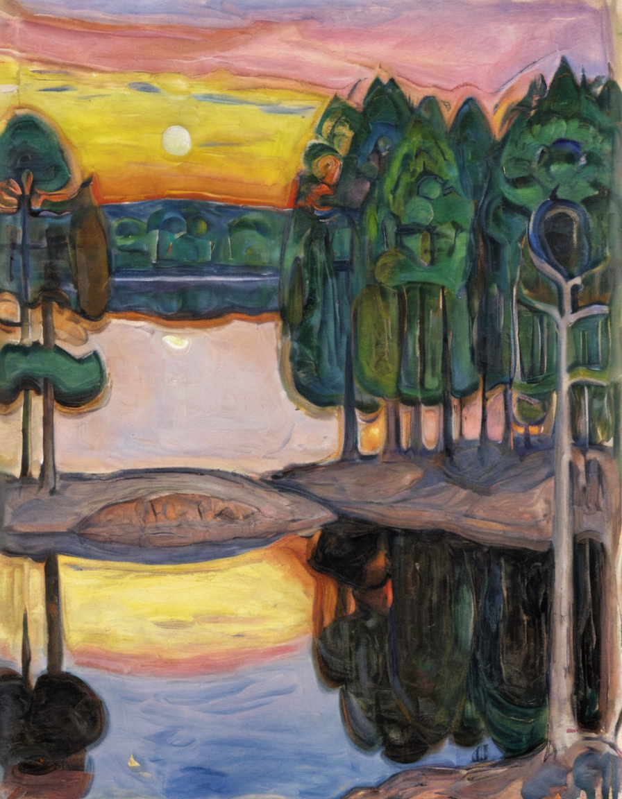 <lora:mnch:1>mnch, landscape lake trees sunset