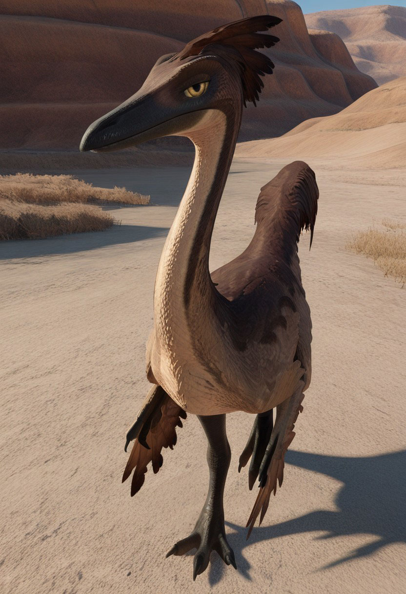 1girl, highres, absurdres, newest, masterpiece, best quality, furry, small tail, claws, 
pelecanimimus, dinosaur,brown feathered, brown skin, yellow eyes, claws, long neck, 3 fingers, 3 toes,, detailed eyes, professional lighting,  solo, smug, looking_at_viewer, masterpiece, desert